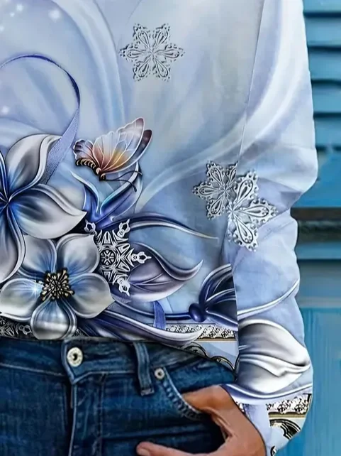 Women's Long Sleeve Tee T-shirt Spring/Fall Floral Printing Crew Neck Casual Graphic Tee Top
