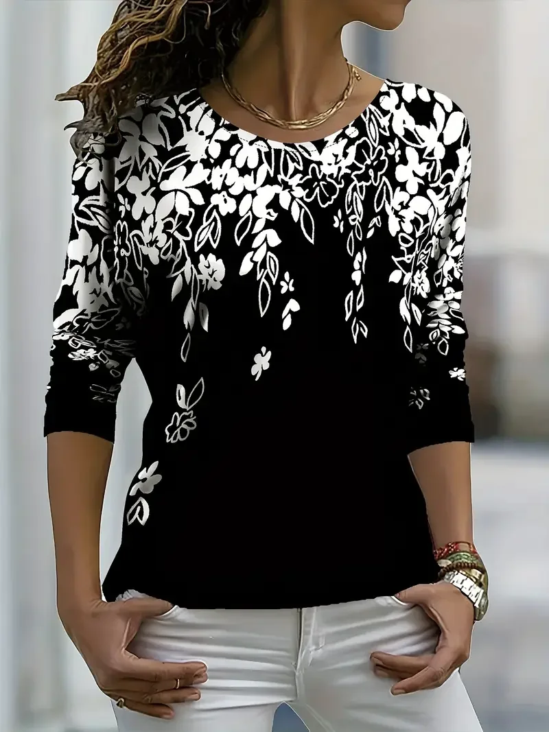 Women's Long Sleeve Tee T-shirt Spring/Fall Floral Printing Crew Neck Casual Graphic Tee Top
