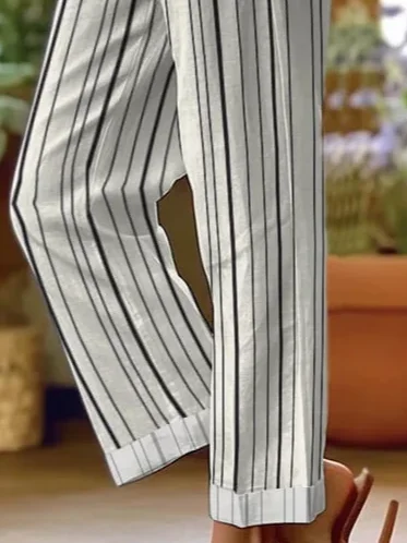 Women's Trousers Straight Pants Daily Going Out Casual Printing Linen Blend Striped Spring/Fall Pants