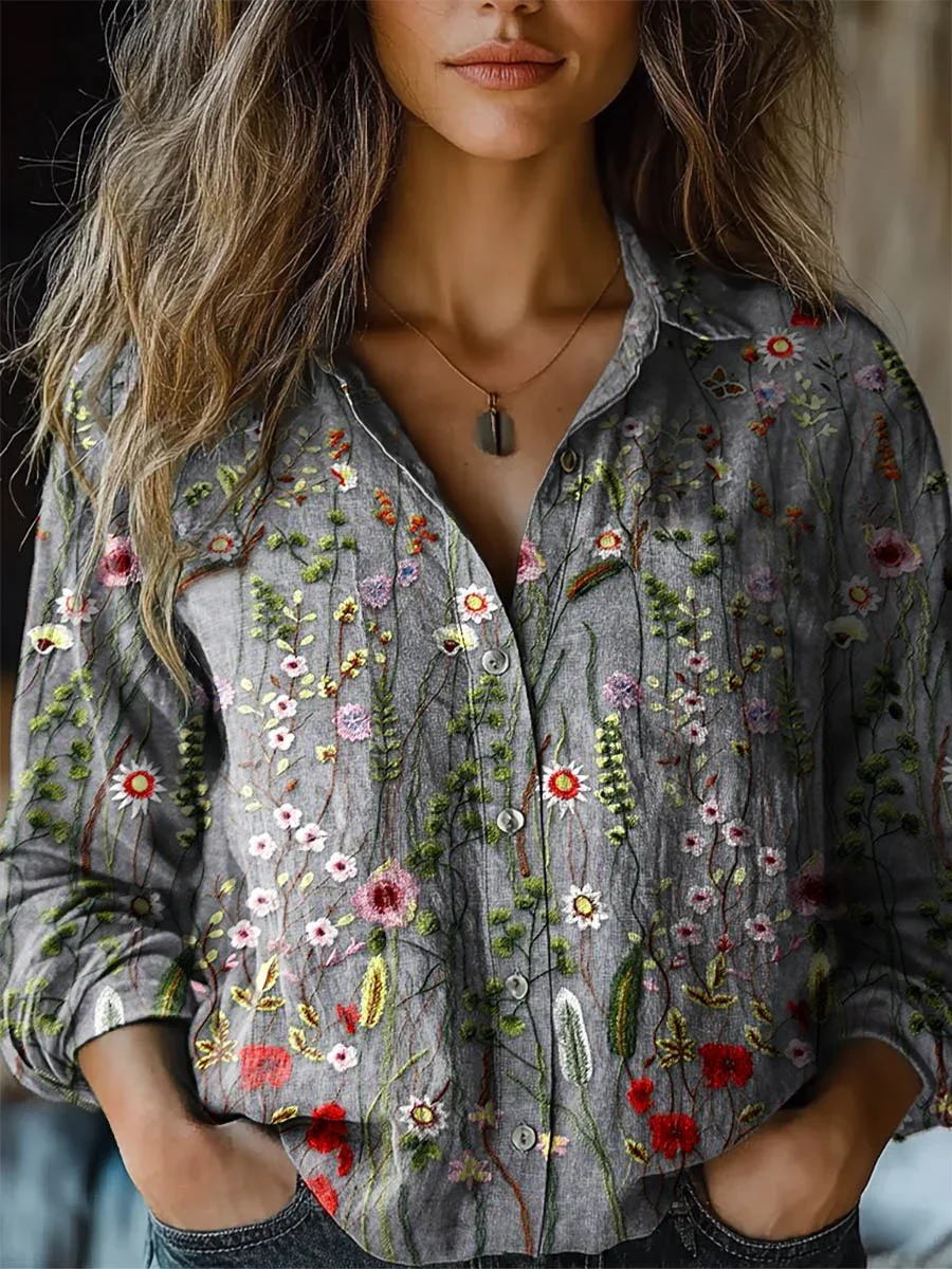 Women's Long Sleeve Shirt Spring/Fall Floral Shirt Collar Daily Going Out Casual Top