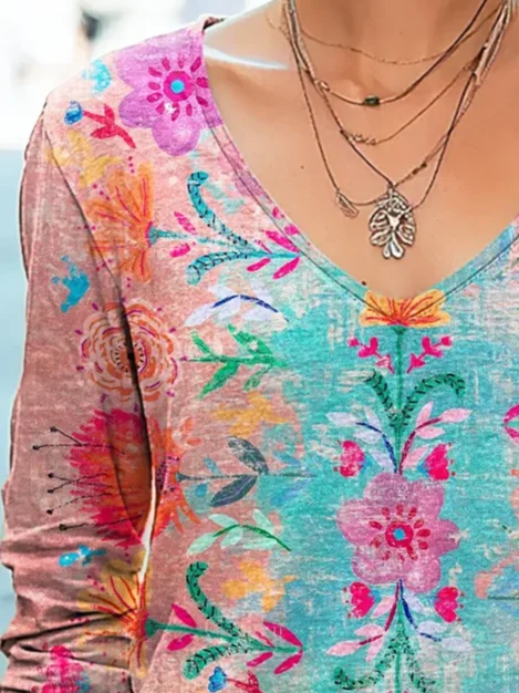 Women's Long Sleeve Tee T-shirt Spring/Fall Floral Printing V Neck Casual Graphic Tee Top
