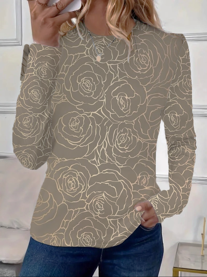 Women's Long Sleeve Tee T-shirt Spring/Fall Floral Printing Crew Neck Casual Graphic Tee Top