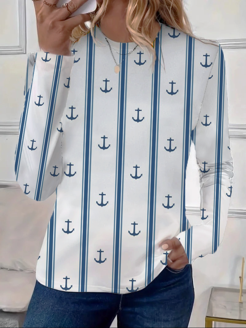 Women's Long Sleeve Tee T-shirt Spring/Fall Striped Printing Crew Neck Casual Graphic Tee Top
