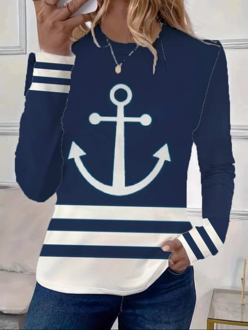 Women's Long Sleeve Tee T-shirt Spring/Fall Striped Printing Crew Neck Casual Graphic Tee Top
