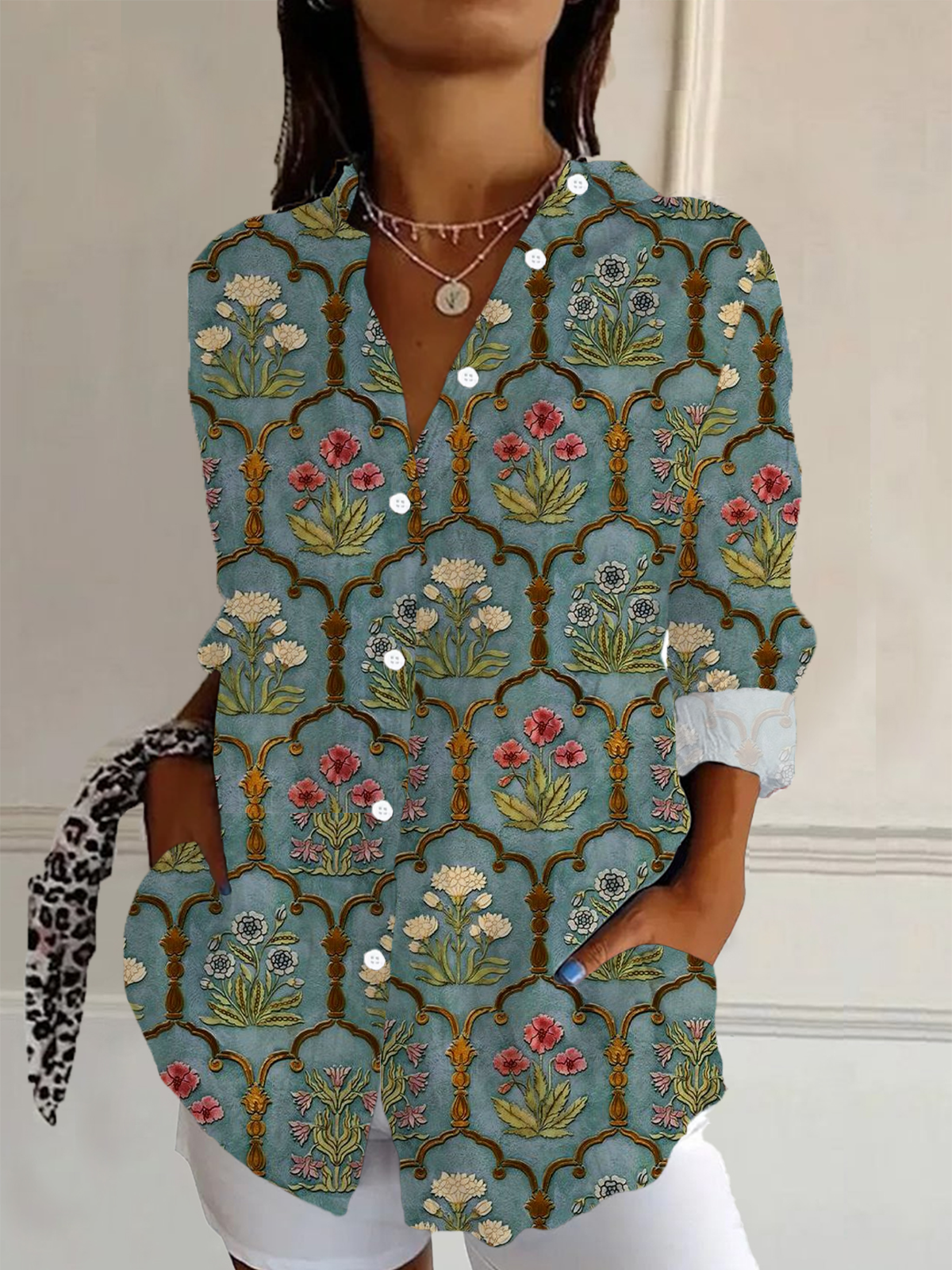 Women's Long Sleeve Shirt Spring/Fall Floral Buckle Shirt Collar Daily Going Out Casual Top