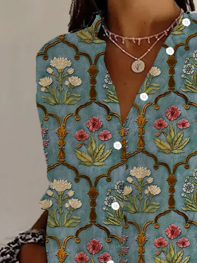 Women's Long Sleeve Shirt Spring/Fall Floral Buckle Shirt Collar Daily Going Out Casual Top