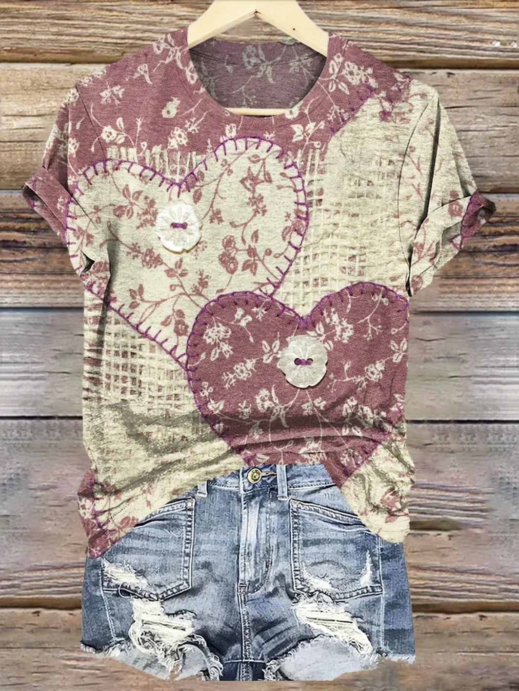 Women's Geometric Short Sleeve Tee T-shirt Crew Neck Vintage Summer Top