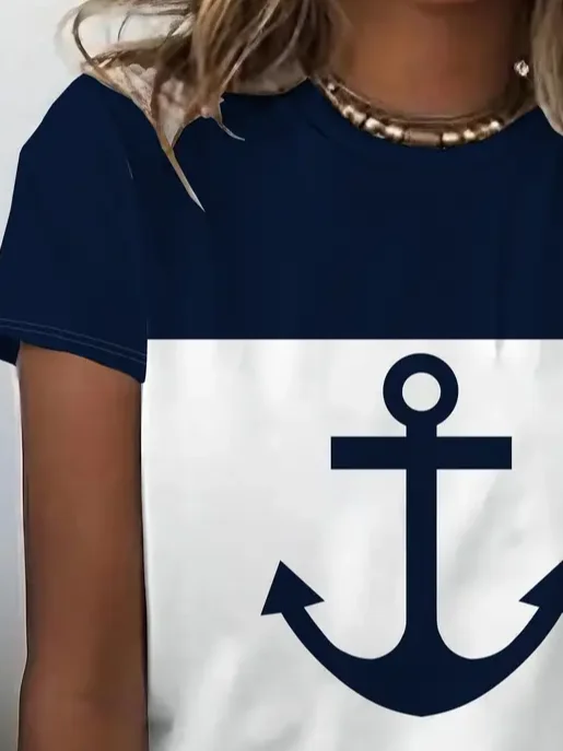 Women's Short Sleeve Tee T-shirt Summer Anchor Printing Crew Neck Casual Graphic Tee Top