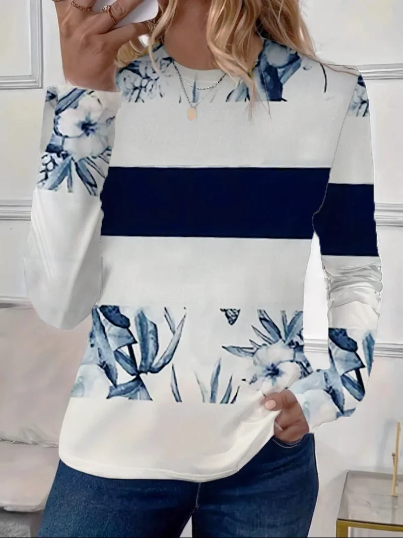 Women's Long Sleeve Tee T-shirt Spring/Fall Floral Printing Crew Neck Casual Graphic Tee Top