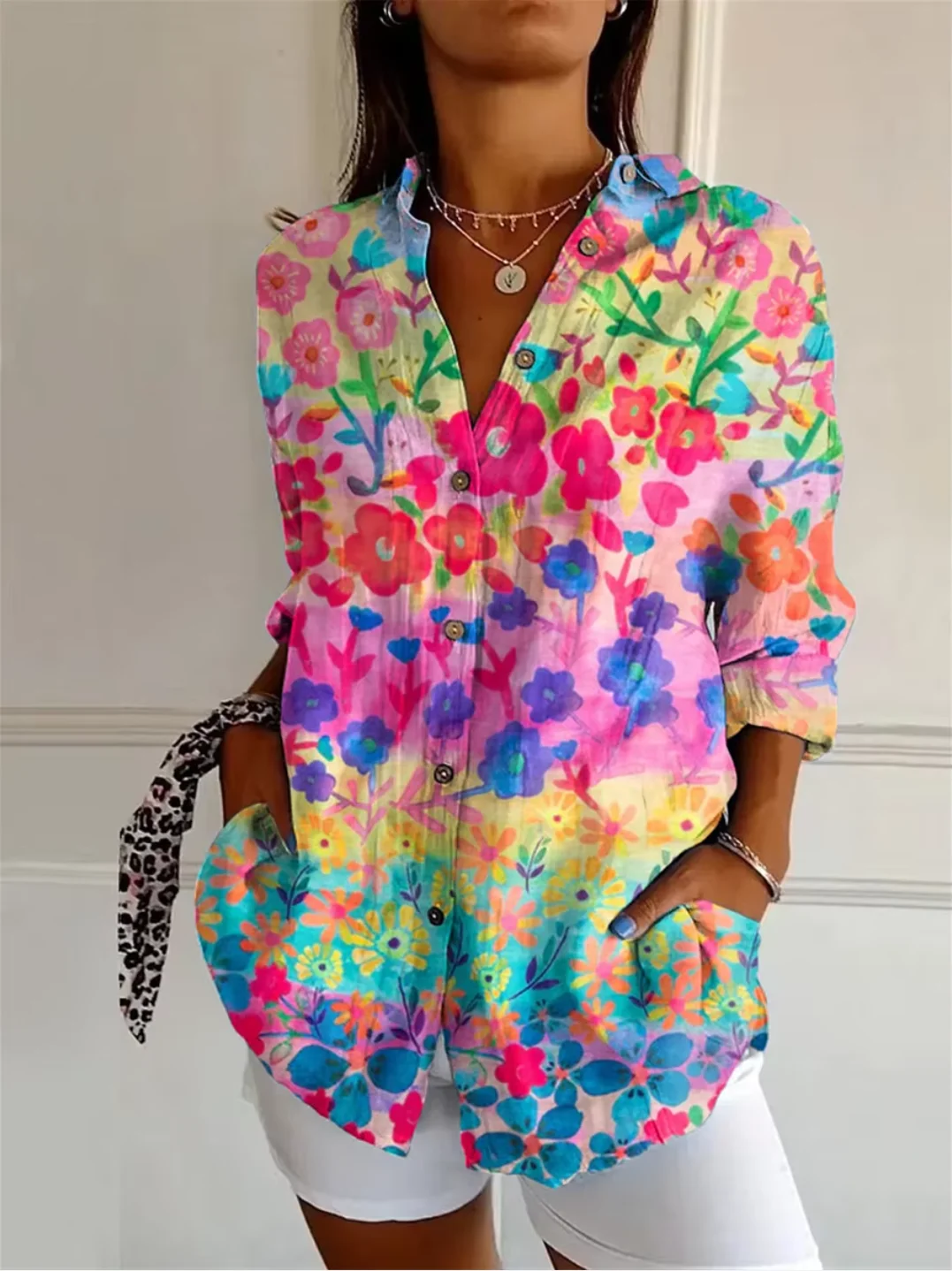 Women Floral Long Sleeve Shirt Spring/Fall Shirt Collar Daily Vintage Top