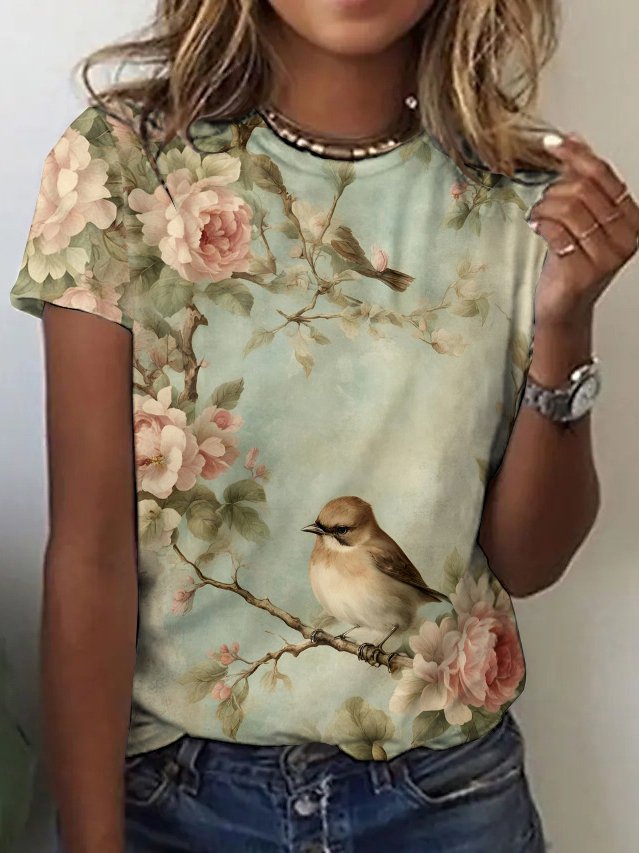 Women's Floral Short Sleeve Tee T-shirt Crew Neck Casual Summer Top