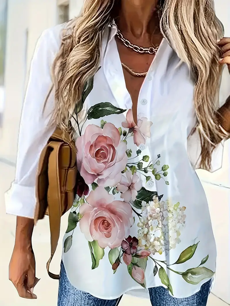 Women's Floral Long Sleeve Shirt Spring/Fall Printing Shirt Collar Daily Casual Top