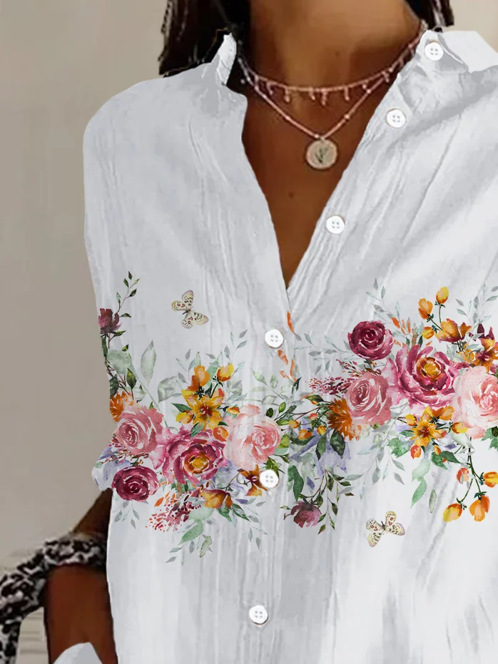 Women's Floral Long Sleeve Shirt Spring/Fall Buckle Shirt Collar Daily Casual Top