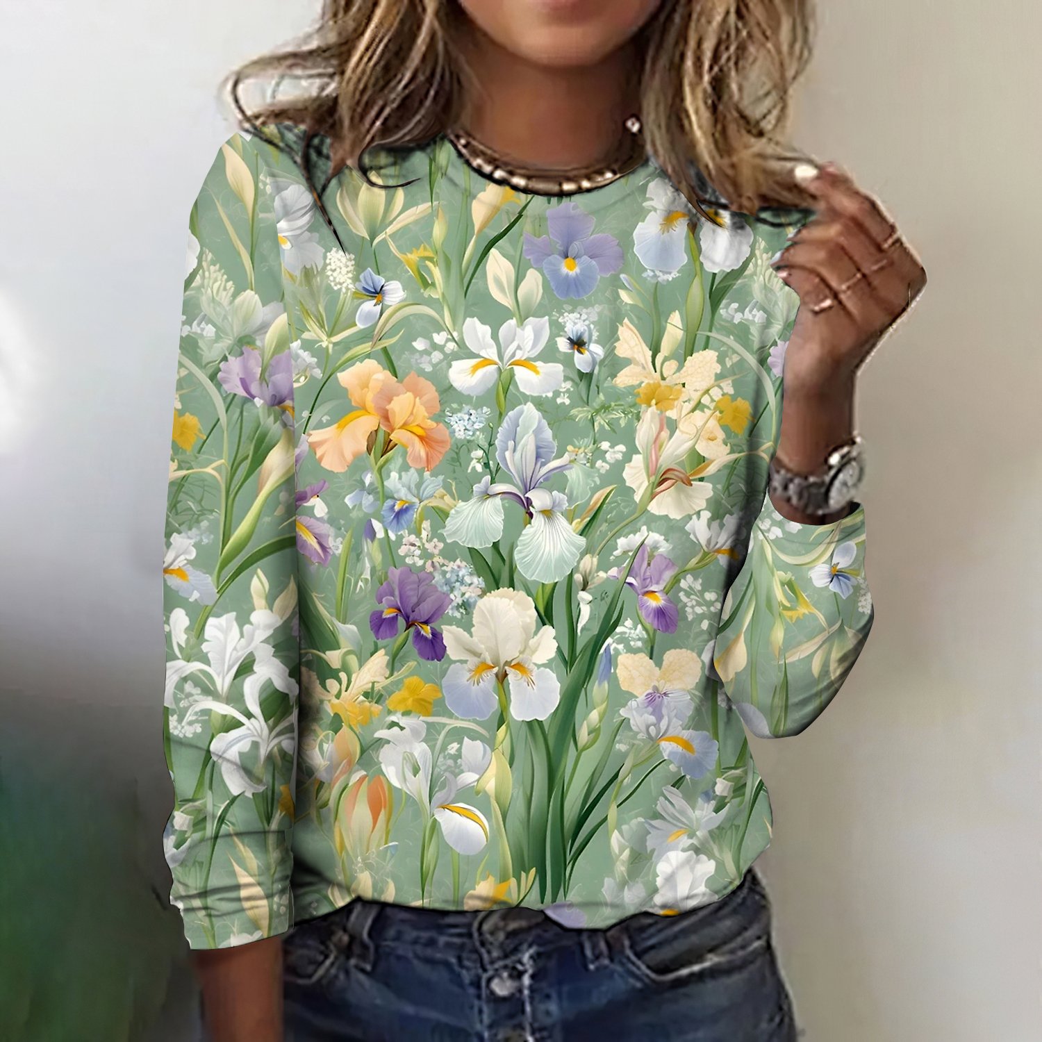 Women Floral Long Sleeve Tee T-shirt Crew Neck Casual Spring/Fall Top