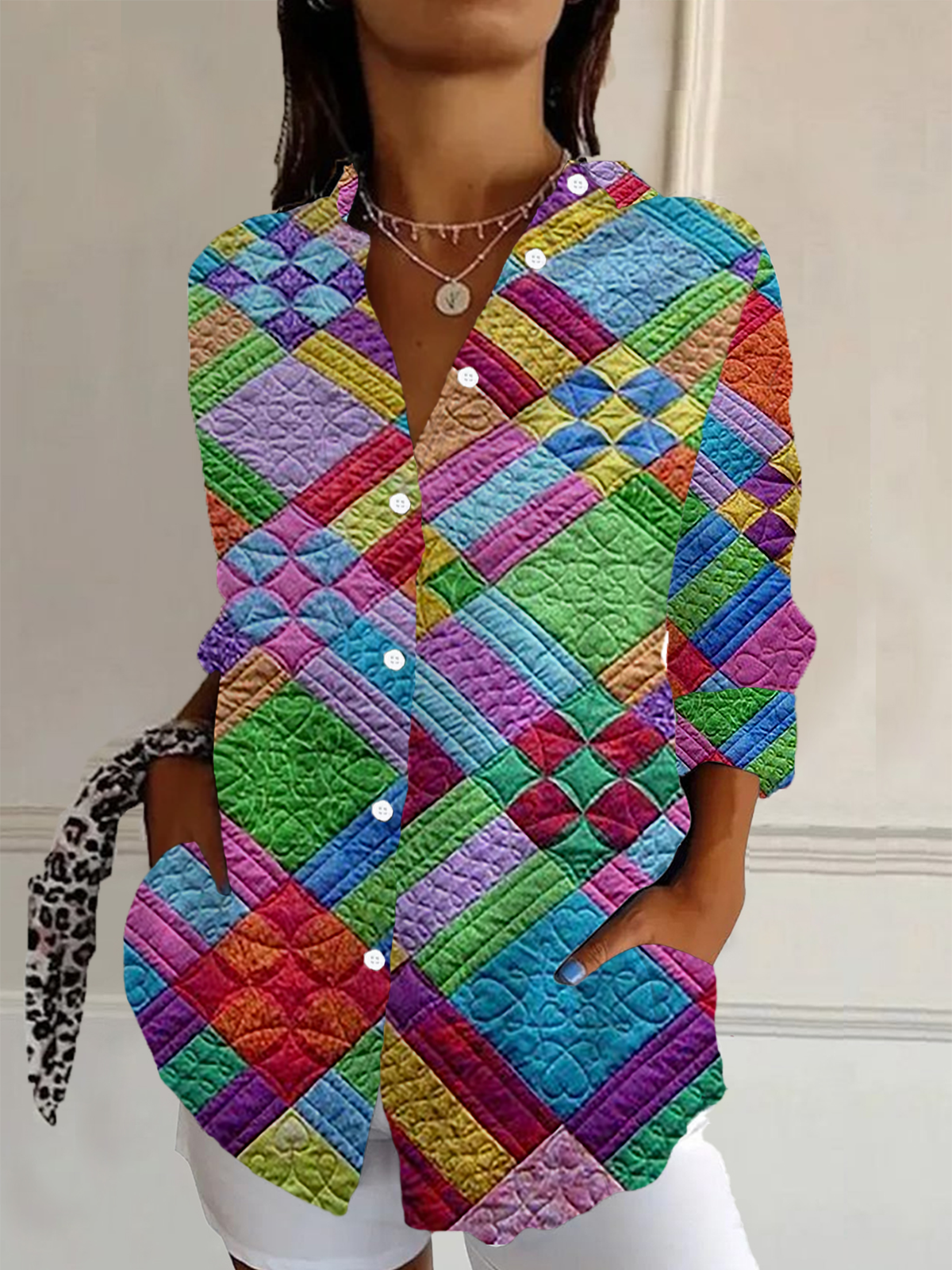Women's Geometric Long Sleeve Shirt Spring/Fall Buckle Shirt Collar Daily Casual Top