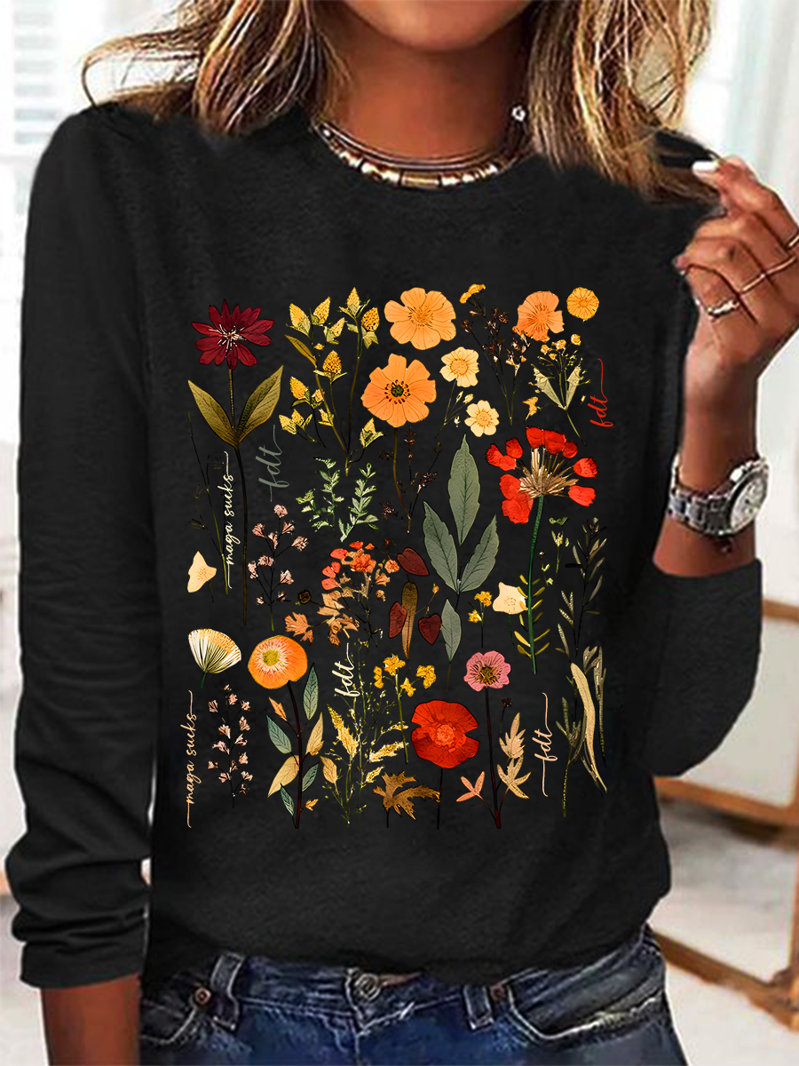 Women's Floral Long Sleeve Blouse_ Spring/Fall Crew Neck Daily Casual Top