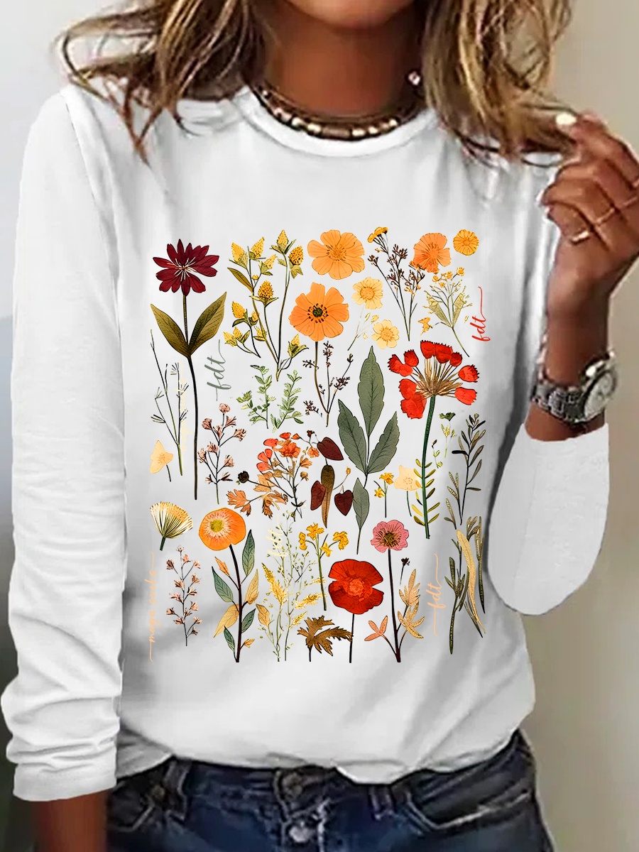 Women's Floral Long Sleeve Blouse_ Spring/Fall Crew Neck Daily Casual Top