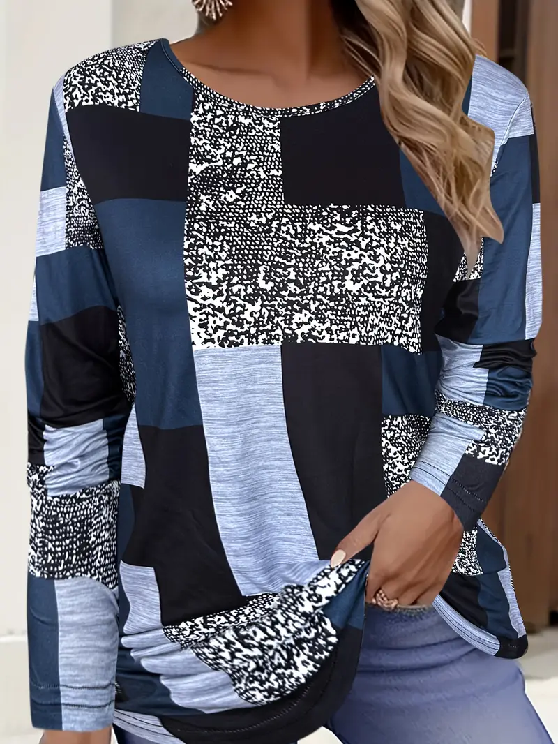Women's Abstract Plaid Long Sleeve Tee T-shirt Crew Neck Printing Casual Spring/Fall Graphic Tee Top