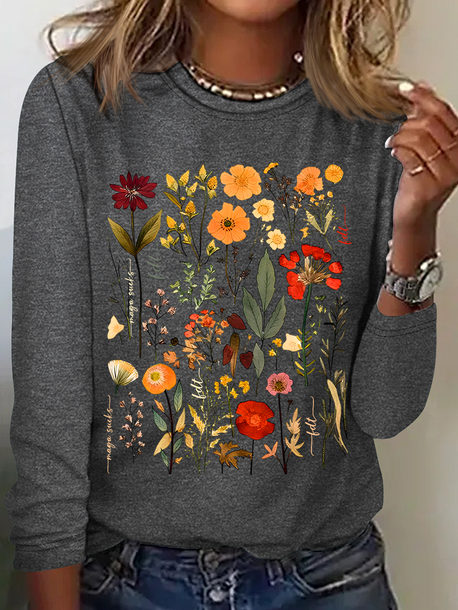 Women's Floral Long Sleeve Blouse_ Spring/Fall Crew Neck Daily Casual Top