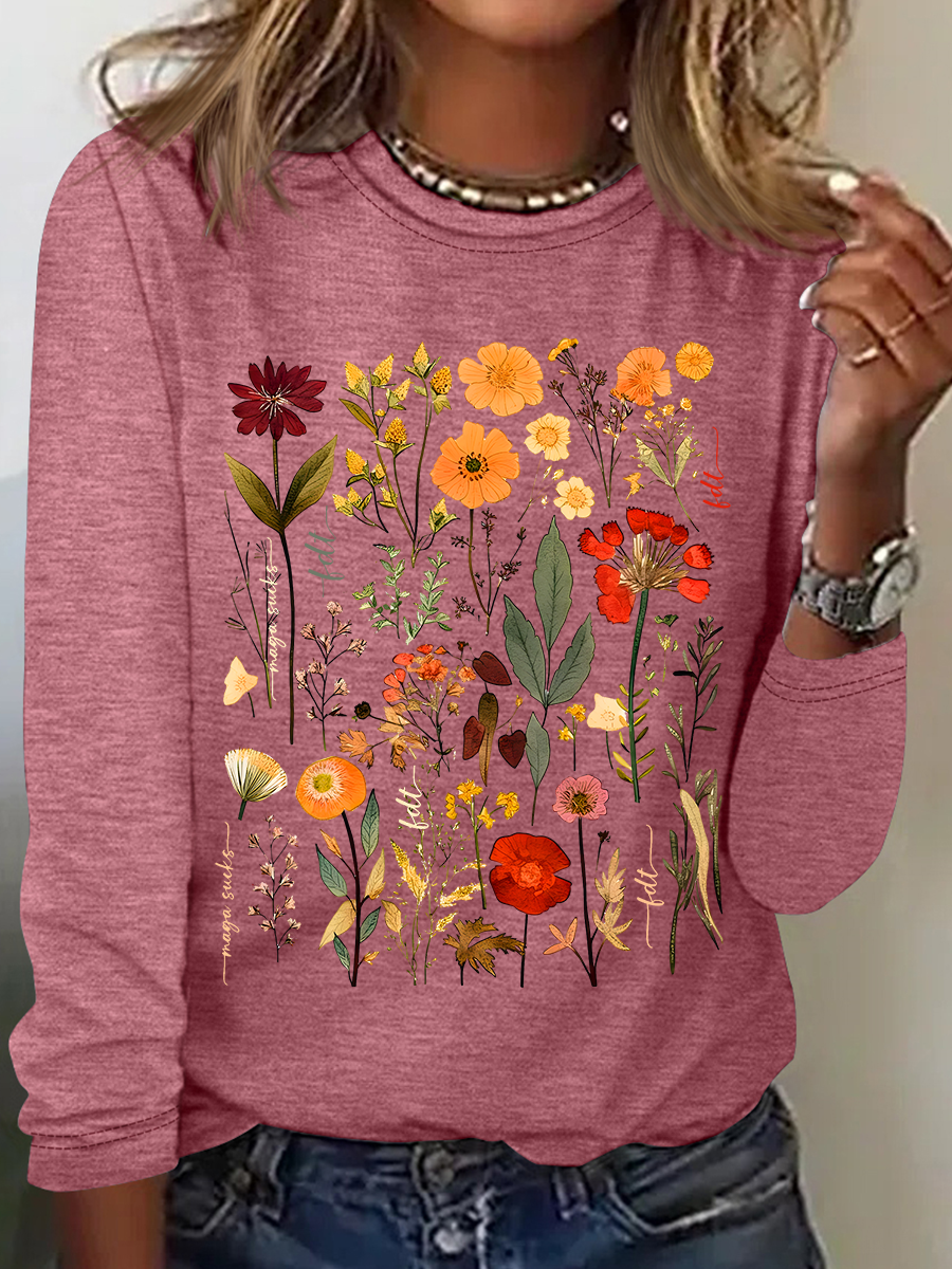 Women's Floral Long Sleeve Blouse_ Spring/Fall Crew Neck Daily Casual Top
