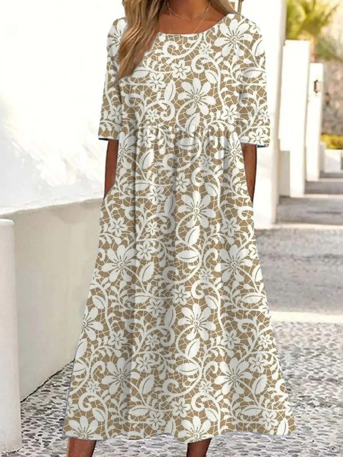 Women Floral Half Sleeve Summer Dress Crew Neck Daily Vintage Maxi Shirt Dress A-Line Dress