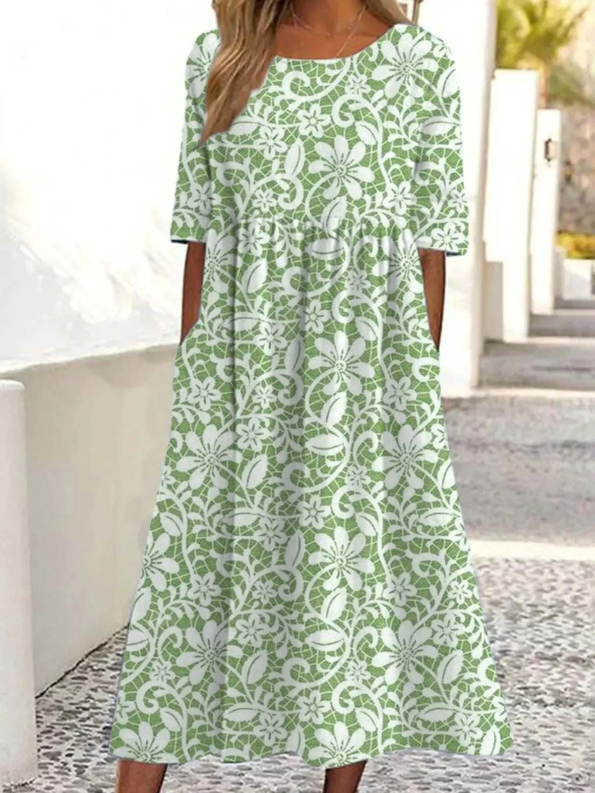 Women Floral Half Sleeve Summer Dress Crew Neck Daily Vintage Maxi Shirt Dress A-Line Dress