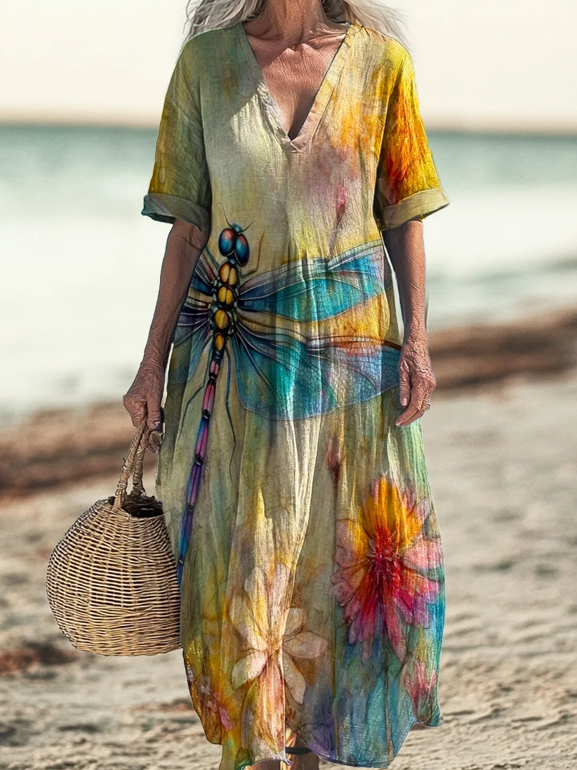 Women Dragonfly Long Sleeve Spring/Fall Dress V Neck Daily Vintage Maxi Fit & Flare Dress A-Line Dress