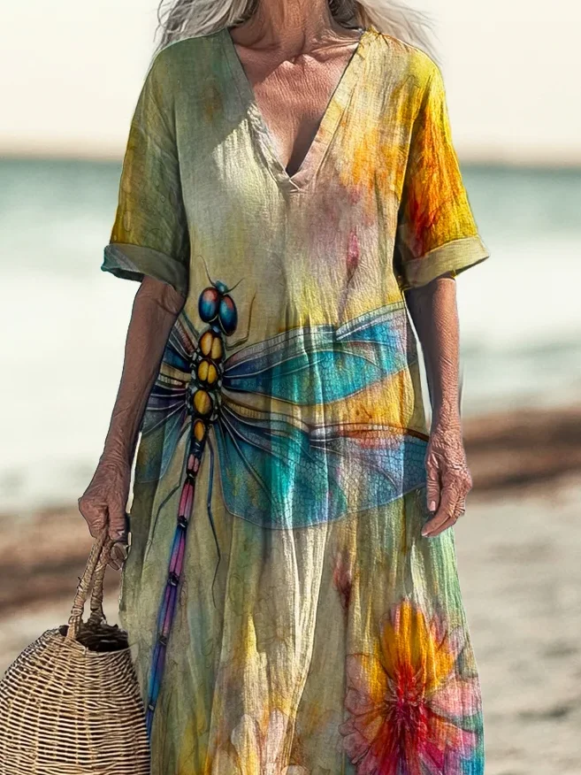 Women Dragonfly Long Sleeve Spring/Fall Dress V Neck Daily Vintage Maxi Fit & Flare Dress A-Line Dress