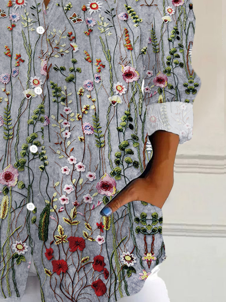Women's Floral Long Sleeve Shirt Spring/Fall Buckle Shirt Collar Daily Casual Top