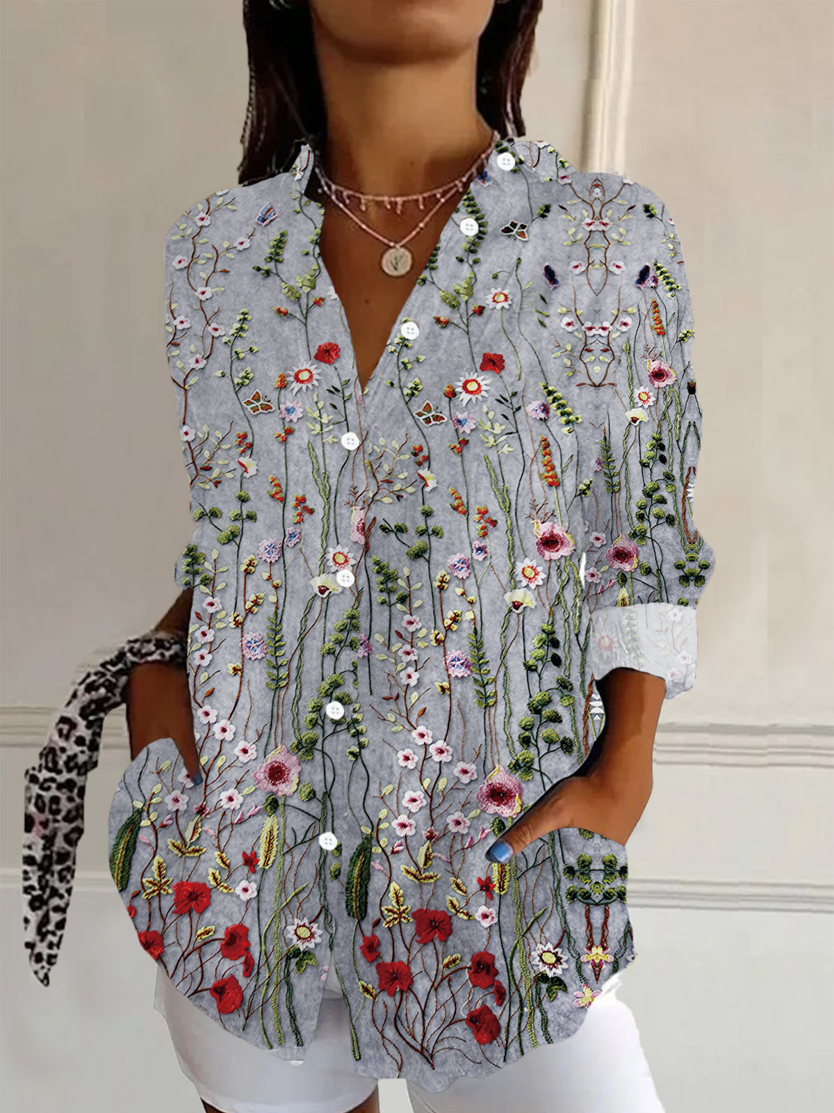 Women's Floral Long Sleeve Shirt Spring/Fall Buckle Shirt Collar Daily Casual Top