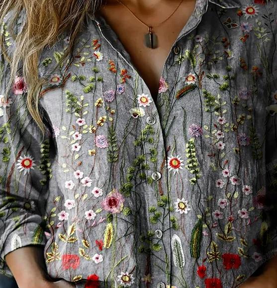 Women's Long Sleeve Shirt Spring/Fall Floral Shirt Collar Daily Going Out Casual Top