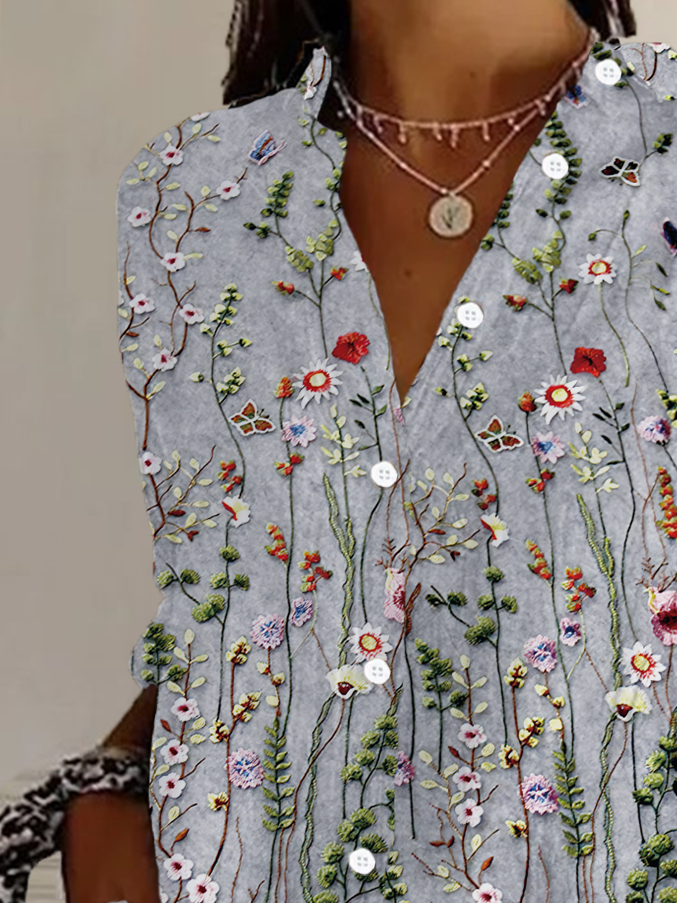 Women's Floral Long Sleeve Shirt Spring/Fall Buckle Shirt Collar Daily Casual Top