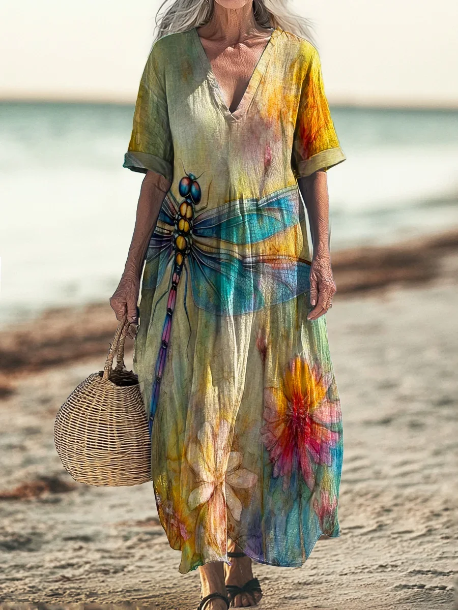 Women Dragonfly Long Sleeve Spring/Fall Dress V Neck Daily Vintage Maxi Fit & Flare Dress A-Line Dress