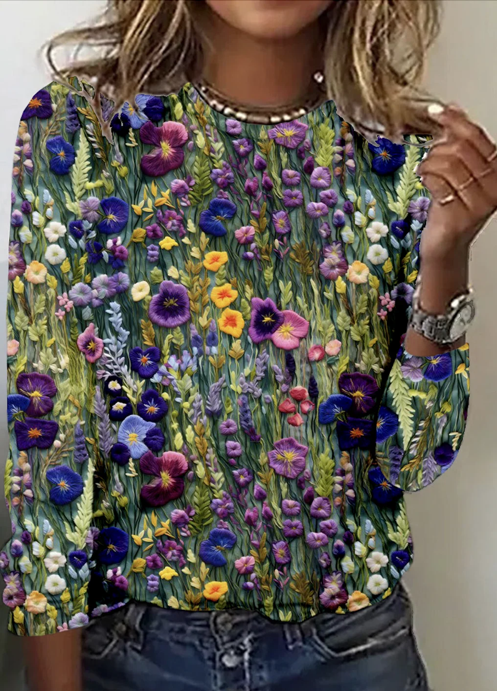 Women's Floral Long Sleeve Tee T-shirt Crew Neck Casual Spring/Fall Top