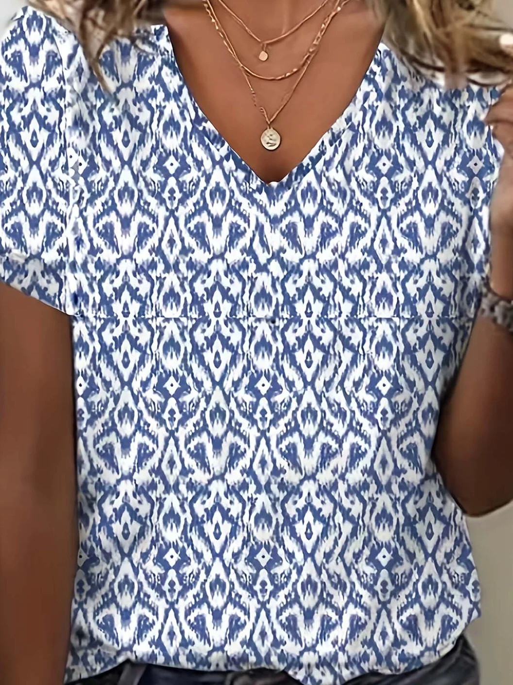Women's Striped Short Sleeve Tee T-shirt V Neck Vintage Summer Top