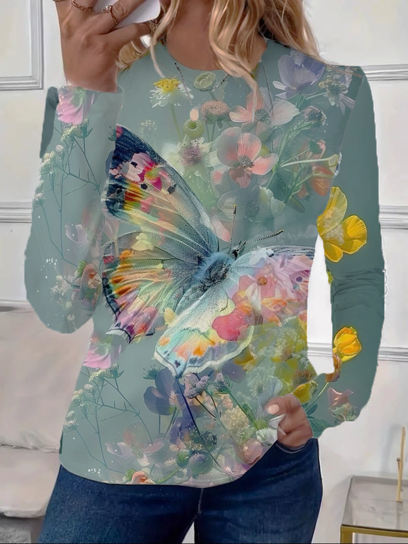 Women's Floral Long Sleeve Tee T-shirt Crew Neck Printing Casual Spring/Fall Graphic Tee Top