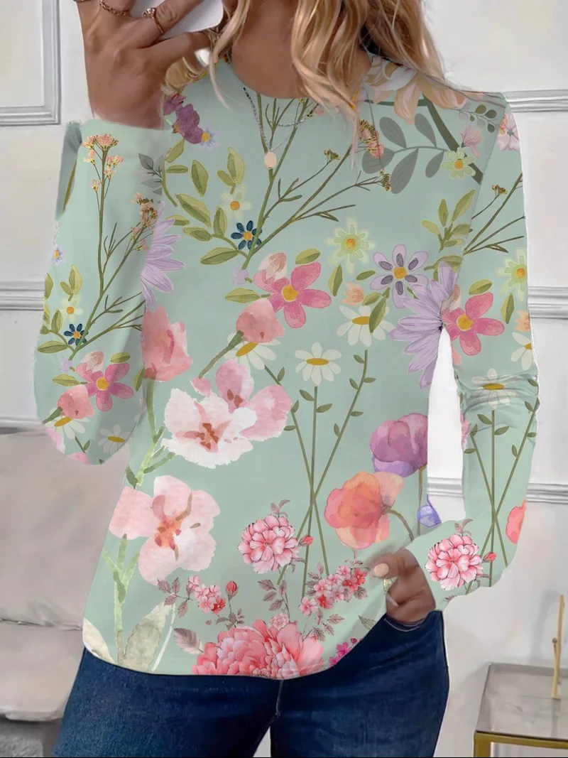 Women's Floral Long Sleeve Tee T-shirt Crew Neck Printing Casual Spring/Fall Graphic Tee Top