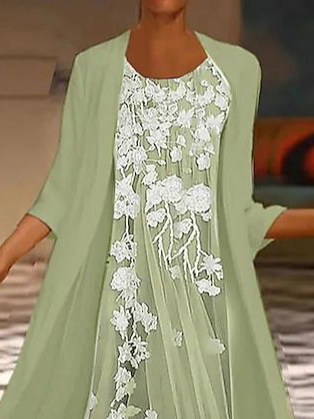 Women Floral Printing Two-Piece Set Daily Three Quarter Sleeve Casual Spring/Fall Dress With Coat Matching Set