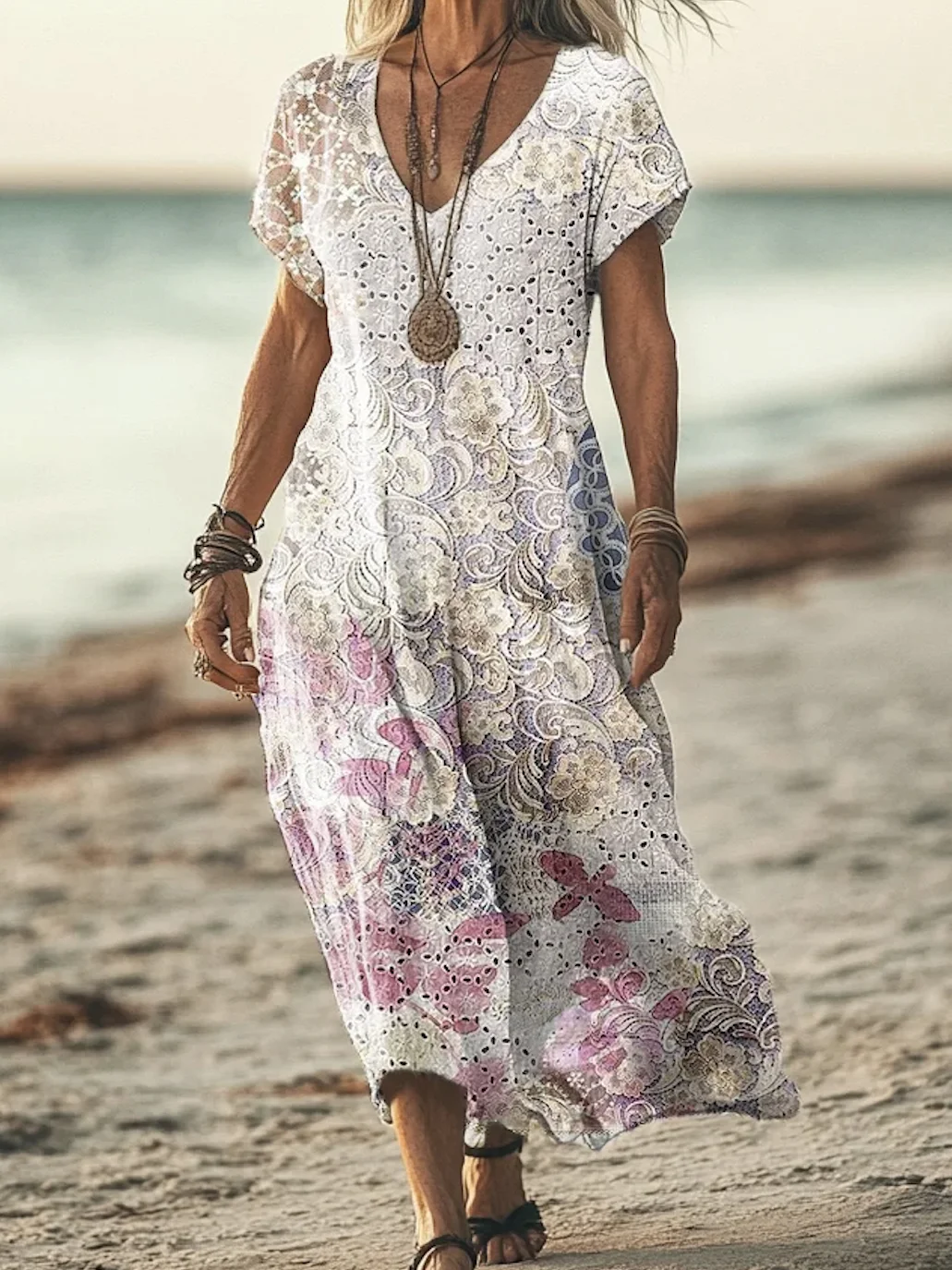 Women's Floral Short Sleeve Summer Dress V Neck Daily Casual Maxi A-Line Dress