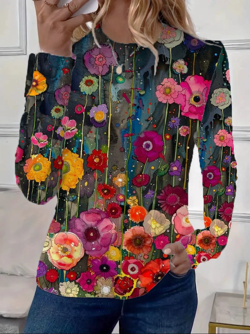 Women's Floral Long Sleeve Tee T-shirt Crew Neck Printing Casual Spring/Fall Graphic Tee Top