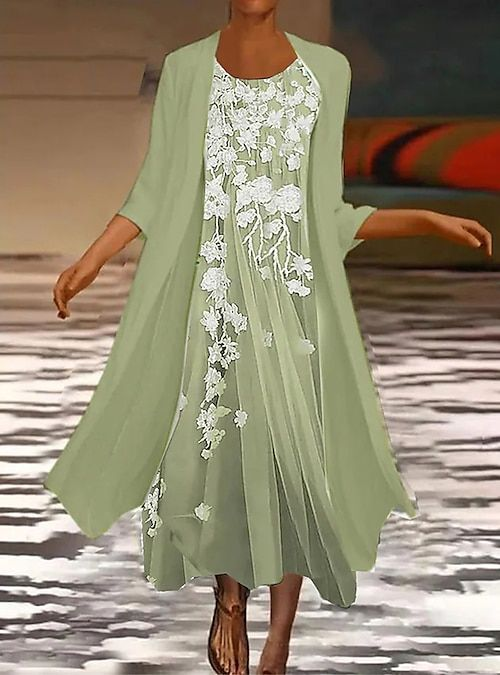 Women Floral Printing Two-Piece Set Daily Three Quarter Sleeve Casual Spring/Fall Dress With Coat Matching Set