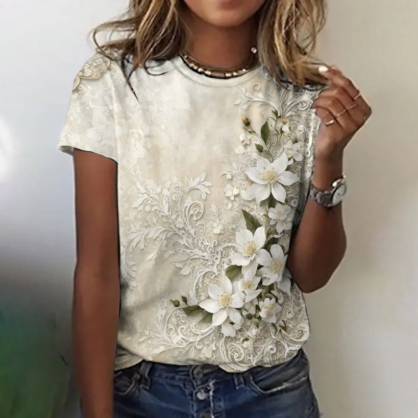 Women's Floral Short Sleeve Tee T-shirt Crew Neck Vintage Summer Top