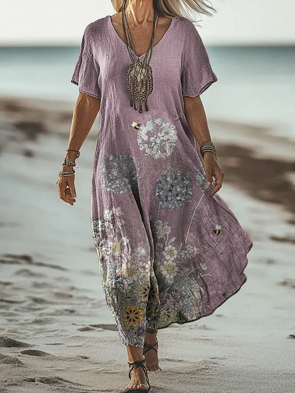 Women's Floral Short Sleeve Summer Dress V Neck Daily Vintage Maxi A-Line Dress