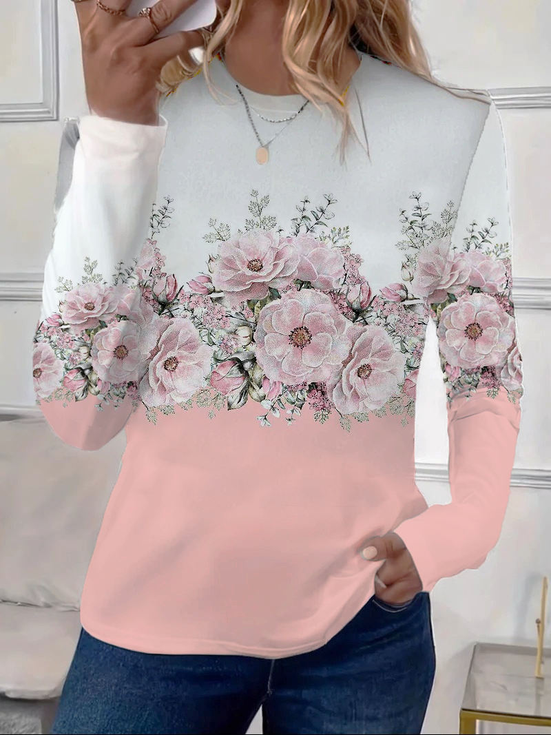 Women's Floral Long Sleeve Tee T-shirt Crew Neck Printing Casual Spring/Fall Graphic Tee Top