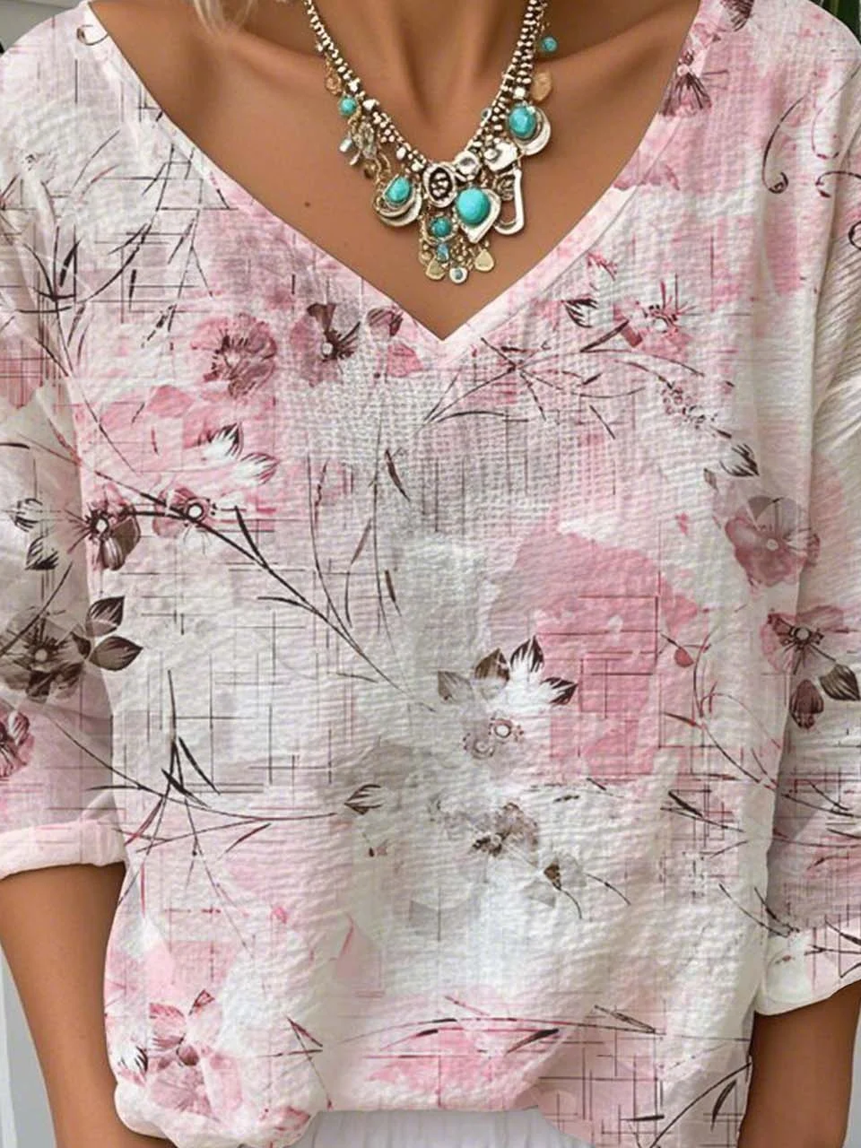 Women's Floral Long Sleeve Tee T-shirt V Neck Vintage Spring/Fall Top