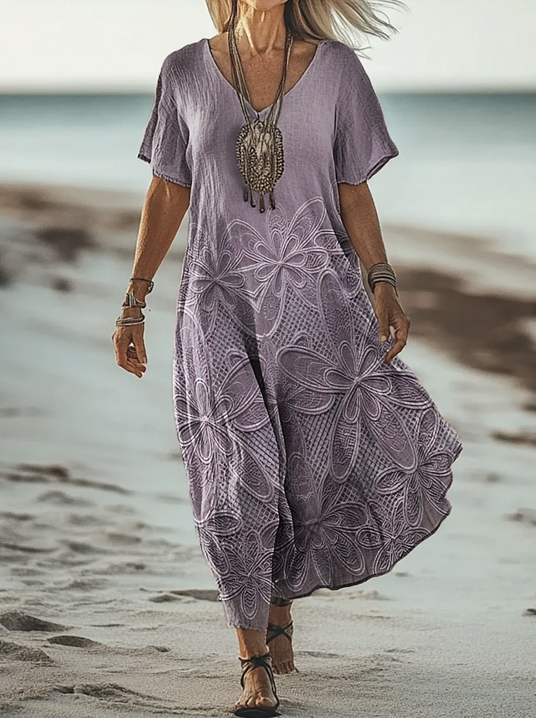 Women's Floral Short Sleeve Summer Dress V Neck Daily Vintage Maxi A-Line Dress