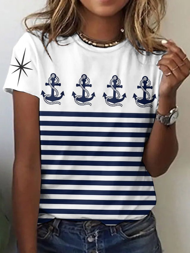 Women's Striped Short Sleeve Tee T-shirt Crew Neck Casual Summer Top