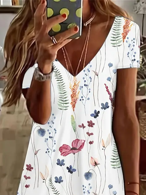 Women's Floral Short Sleeve Summer Printing Dress V Neck Daily Casual Knee Length T-Shirt Dress H-Line Dress