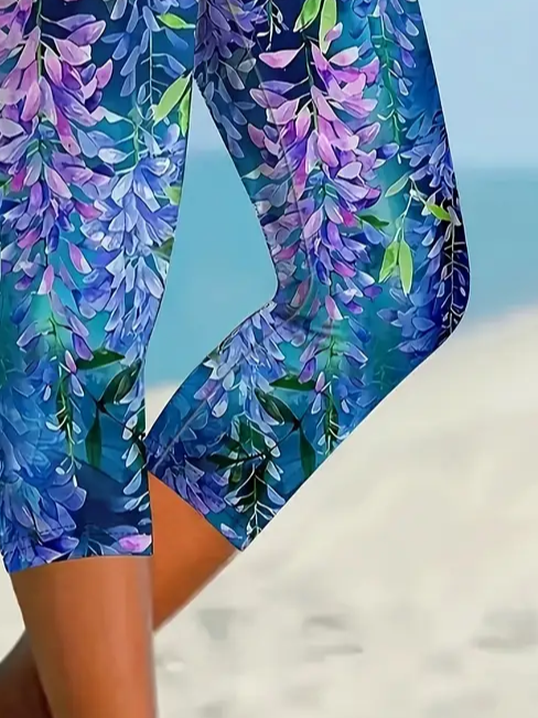 Women's Floral Capris Elastic Waist Pant Casual Summer Trousers