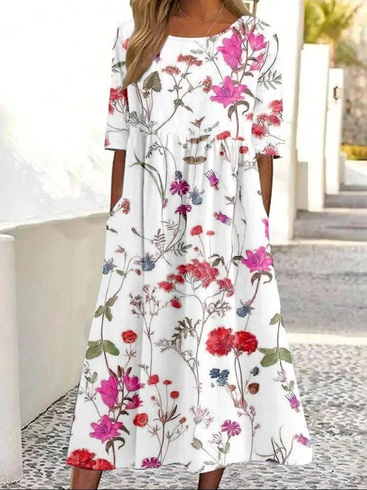 Women Floral Half Sleeve Summer Dress Crew Neck Daily Vintage Maxi Shirt Dress A-Line Dress